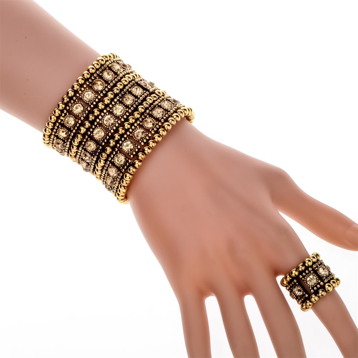 YACQ Women's Stretch Cuff Bracelet Ring Set - Fit Wrist Size 6-1/2 to 7-1/2 Inch & Finger 6-1/2 to 9 - Bracelet 2 Inch Wide - Lead & Nickle Free (Gold Bracelet Ring Set)
