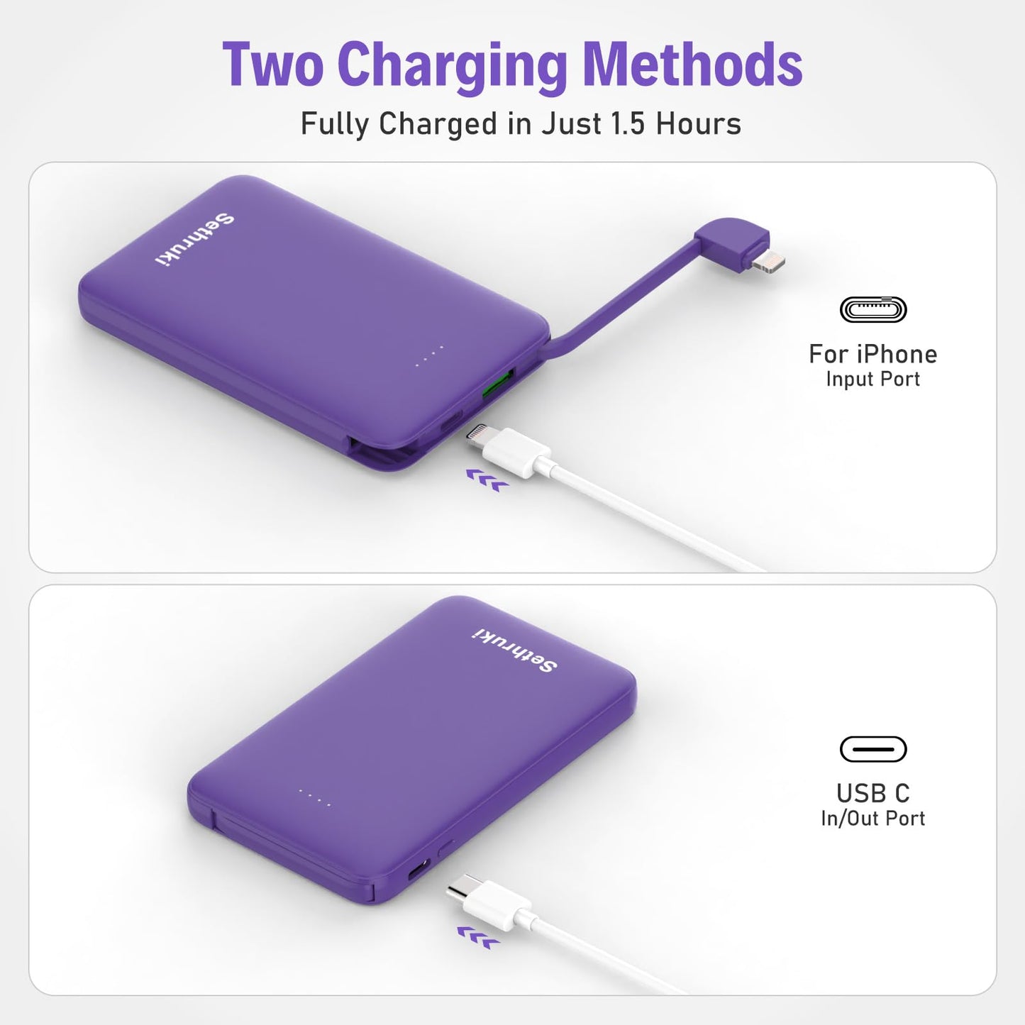Slim Portable Charger with Built in USB C Cable,20W Fast Charging Power Bank,Small Mini Lightweight Phone Battery Pack 6000mAh,Ultra Thin Travel Essentials for iPhone 17 16 15 Series,Samsung,Android
