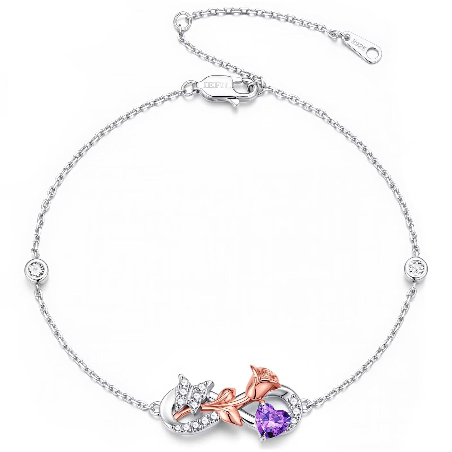 Iefil Valentines Day Gifts - 925 Sterling Silver Butterfly Charm Bracelet, Birthday Jewelry Gifts for Wife Girlfriend Mom | February Simulated Amethyst Bracelet