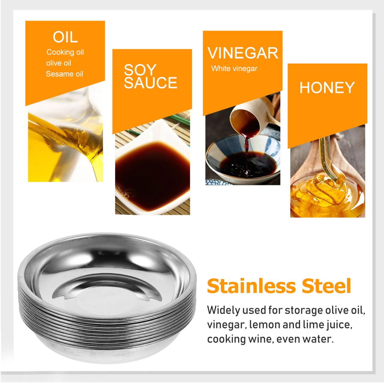 VOSAREA 10Pcs Stainless Steel Sauce Dishes Round Appetizer Plates for Mustard Soy Sauce and Desserts Food Material