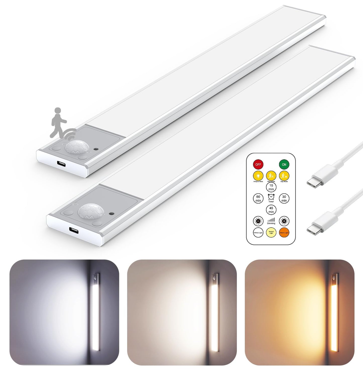 12" Ultra-Thin Under Cabinet Lighting Wireless, Aluminum Alloy Under Counter Lights for Kitchen, 3-Color-Temps Magnetic Closet Lights, Rechargeable Motion Sensor Light Indoor (2Pack, Silver)