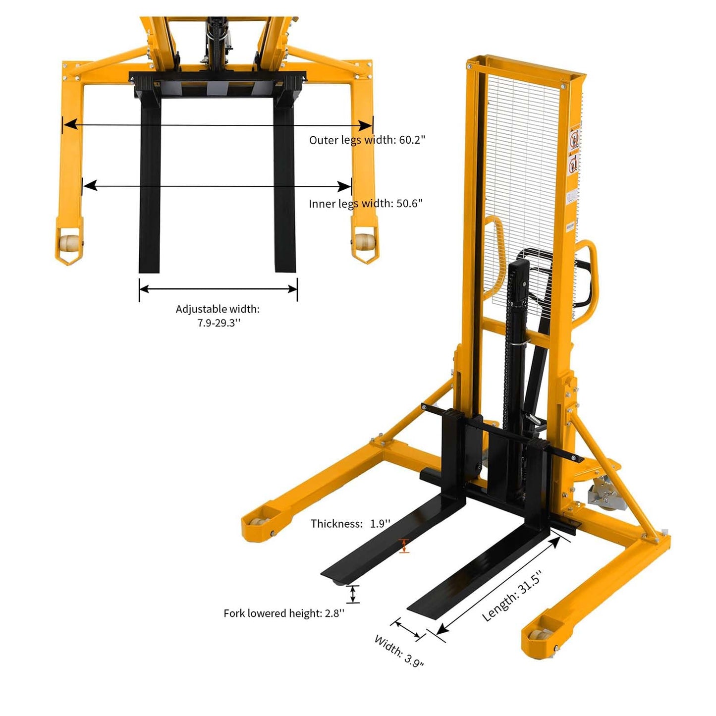 Apollo Manual Stacker Hand Pallet Forklift 1100lbs Capacity 63" Lifting Height with Straddle Legs, Adjustable Forks