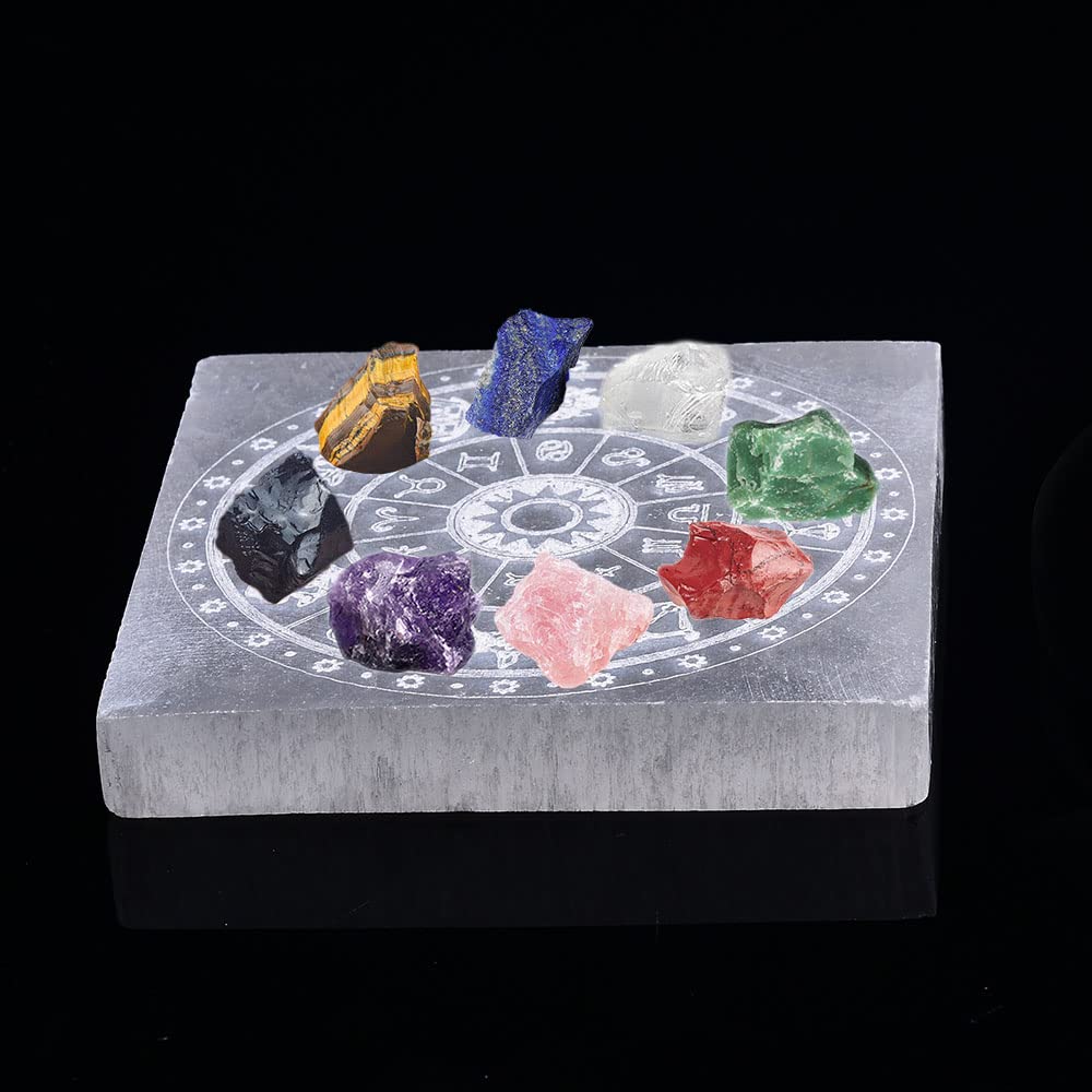 JIC Gem 4" Square Selenite Charging Plate 12 Star Engraved Selenite Slab Healing Crystal Charging Station