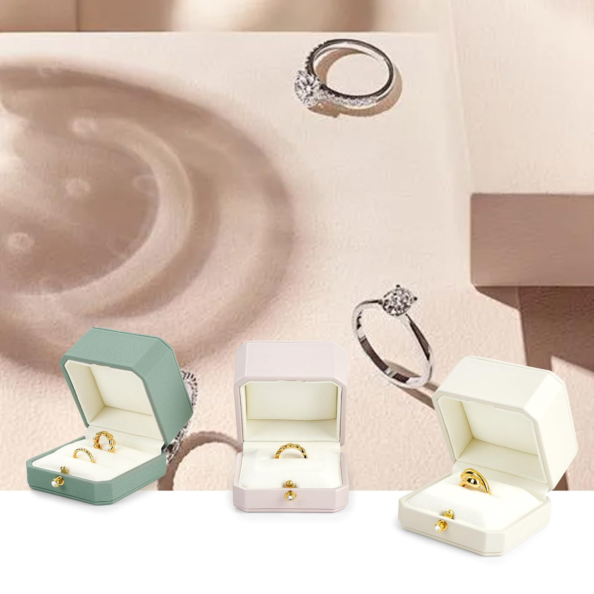 Oirlv Premium Leather Double Ring Box for Wedding Ceremony Engagement Couple Rings Holder Jewelry Gift Box(Blue,Double)