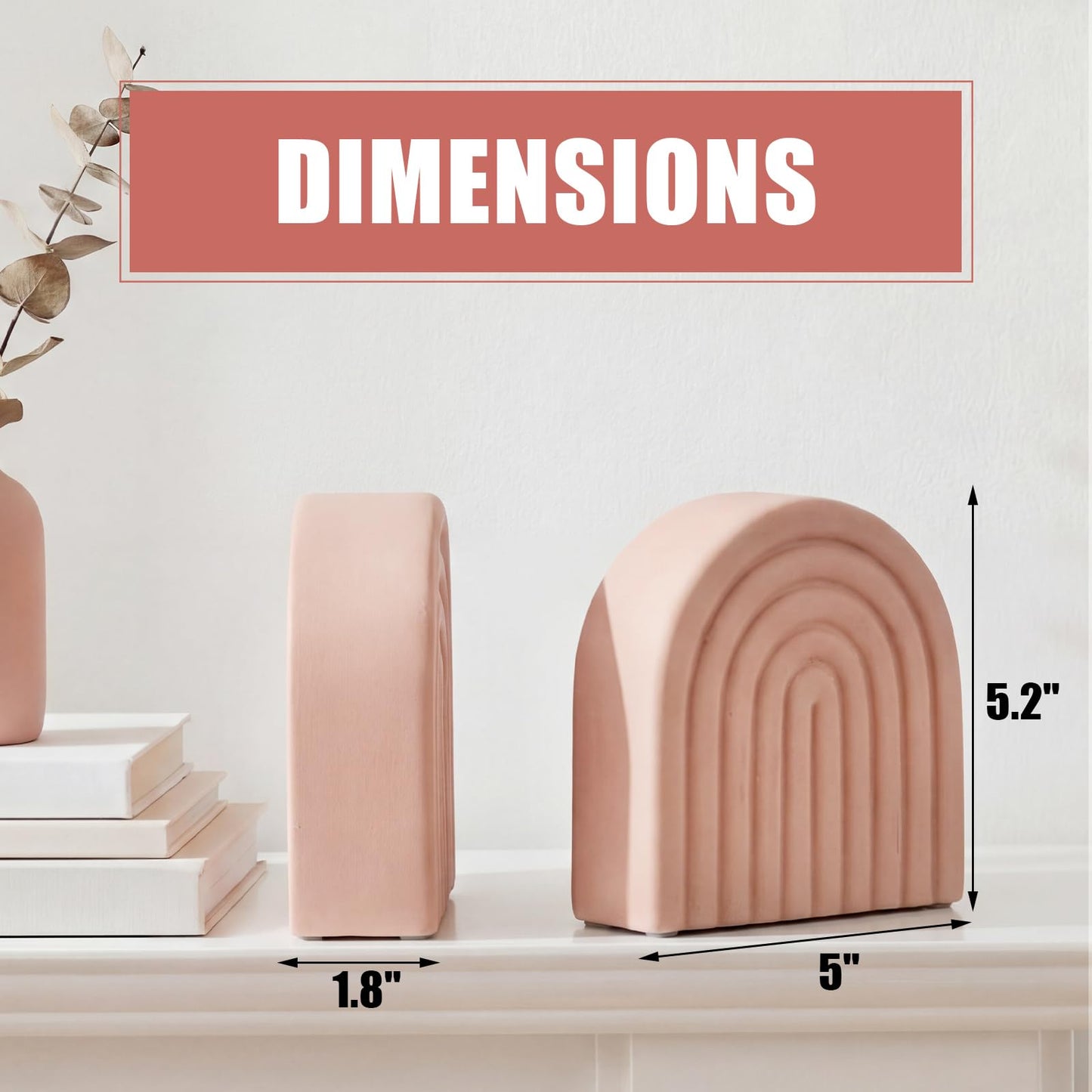 Fiwochic Soft Coral 2 Pcs Boho Arch Concrete Bookends for Shelves Decorative Book Holder Stopper with Anti Slip Pads for Heavy Books Home Office Aesthetic Library Decor (Rainbow)