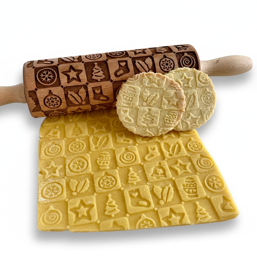 CHRISTMAS TILES Embossing Rolling Pin. Laser Engraved Dough Roller for Embossing Homemade Christmas Cookies by Algis Crafts