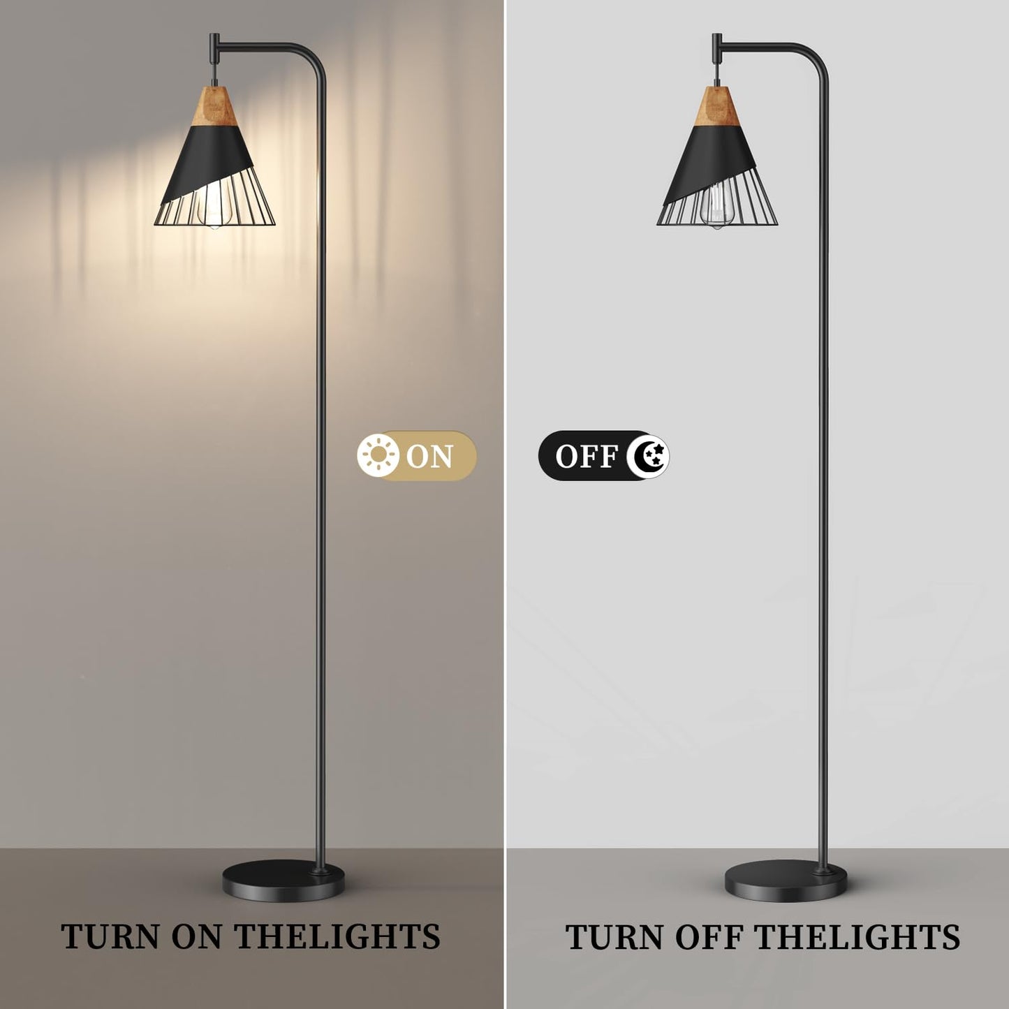 Alrryo 67" Industrial Floor Lamp with Wood & Black Metal Shade, Modern Standing Lamp, Rustic Farmhouse Tall Lamp for Living Room Bedroom Office, 2700K Bulb & Foot Switch Included (Black)