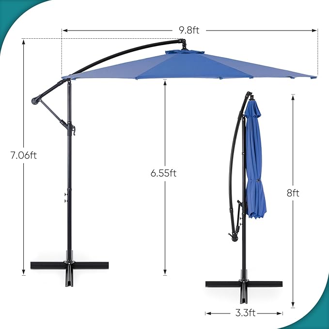 OLIXIS 10FT Offset Patio Umbrella, Cantilever Table Umbrellas for Outdoor Sun Shade UV Protection with Easy Tilt Adjustment, 8 Ribs for Backyard, Lawn, Garden, Pool - Blue