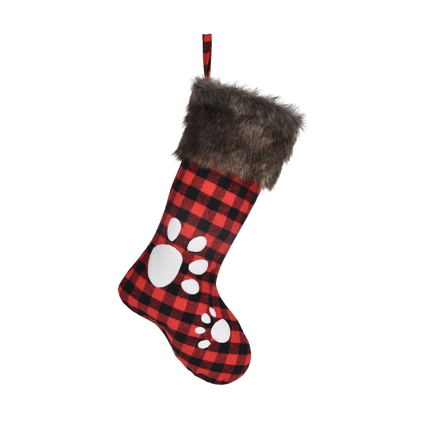 WORLDECO Christmas Stocking 2025 Ornaments, Handmade Dog Footprints Pattern Sock with Faux Fur, Xmas Winter Party Decorations Gifts, Santa Plush Decor, 20 inch, Red