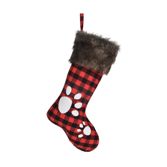 WORLDECO Christmas Stocking 2025 Ornaments, Handmade Dog Footprints Pattern Sock with Faux Fur, Xmas Winter Party Decorations Gifts, Santa Plush Decor, 20 inch, Red
