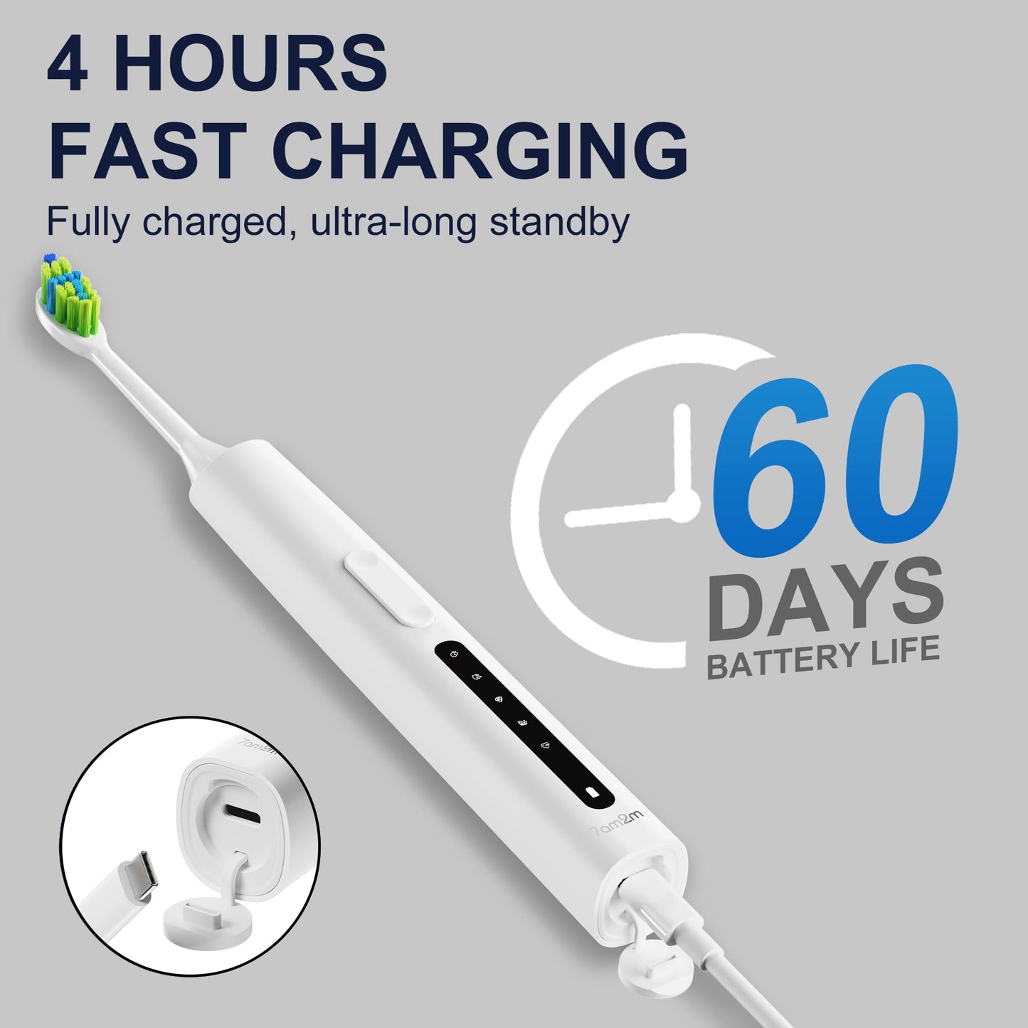 7AM2M Sonic Electric Toothbrush for Adults and Kids, 40000VPM Power Toothbrushes, USB-C Rechargeable with 4 Brush Heads, 5 Modes, 2 Minutes Built in Smart Timer, One Charge for 60 Days (Black)