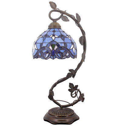 WERFACTORY Tiffany Table Lamp Blue Purple Stained Glass Baroque Style Reading Desk Light, Metal Leaf Base 8X10X21 Inches Decor Small Space Bedside Bedroom Home Office S003C Series