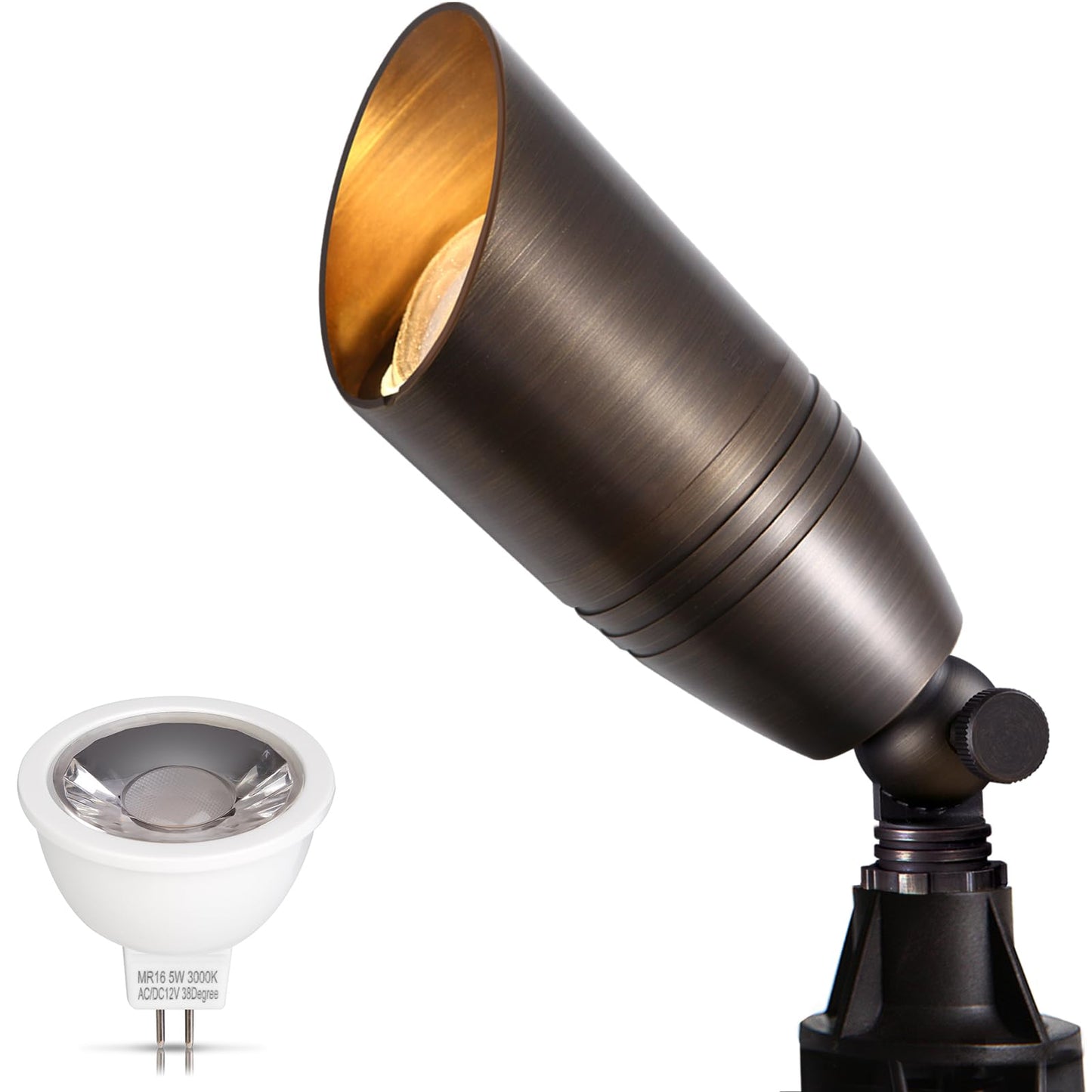 Gardencoin Solid Brass Outdoor Landscape Spotlight, 12V LED Low Voltage Spot Light for Garden and Yard Uplighting, Classic Bronze Heavy Duty Accent Lighting Fixture with 2700K MR16 Bulb, Single