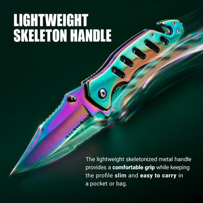Legal Rainbow Pocket Knife with Glass Breaker Seatbelt Cutter - 2.68 Inch Sharp Serrated Blade - Cute Small Folding Womens Knives for Self Defense EDC Camping - Birthday Gifts for Women - 6655 R