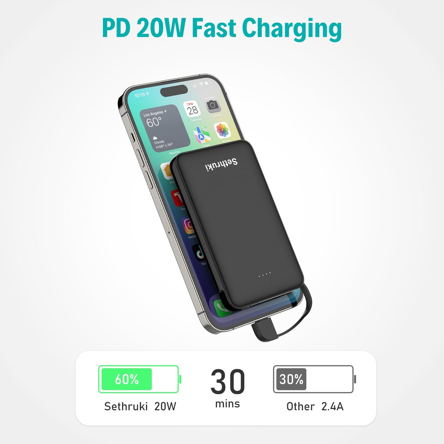 Slim Portable Charger with Built in USB C Cable,20W Fast Charging Power Bank,Small Mini Lightweight Phone Battery Pack 6000mAh,Ultra Thin Travel Essentials for iPhone 17 16 15 Series,Samsung,Android