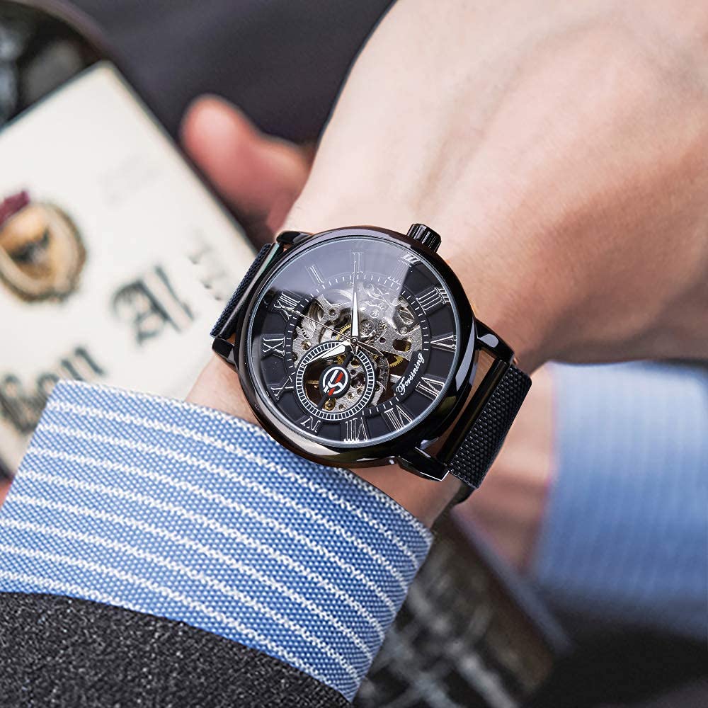 FORSINING Black Mechanical Watch for Men Minimalist Retro Design Staempunk Mechanical Skeleton Wrist Watch Transparent Business Mesh Band Watch