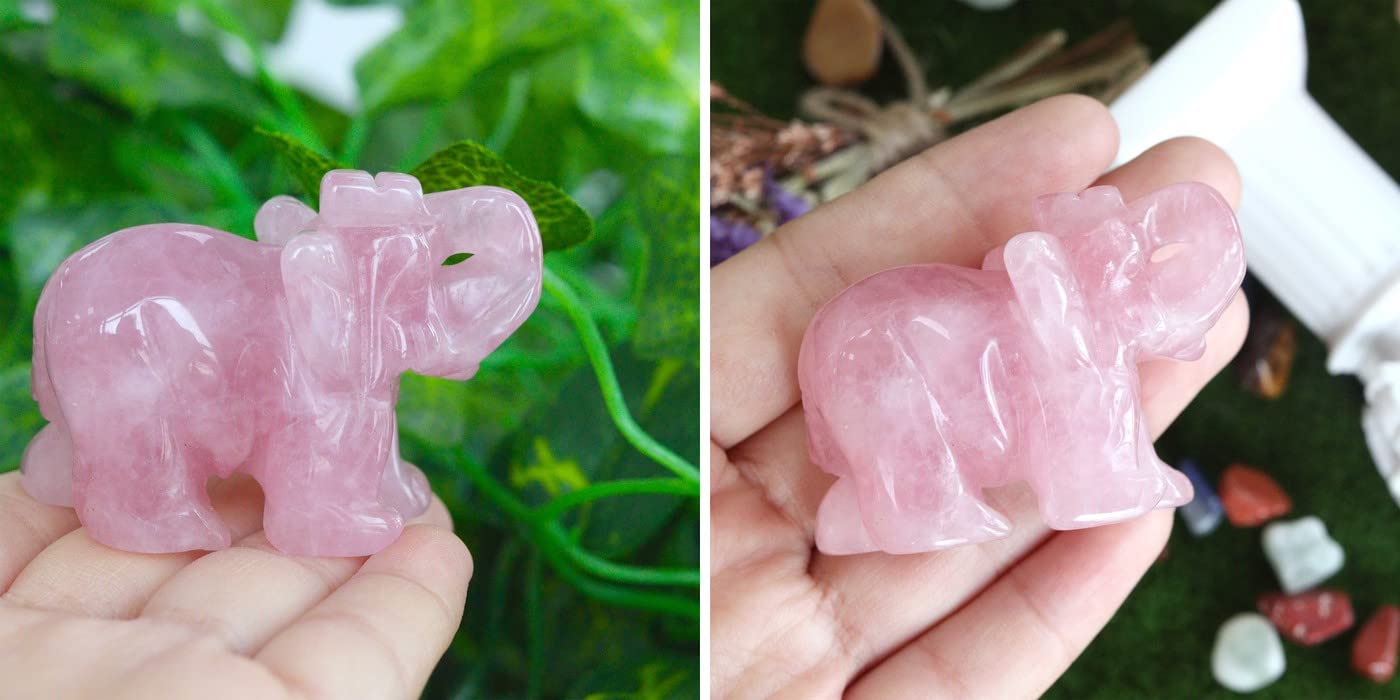 20PCS Natural Heart Healing Crystals and 2" Rose Quartz Elephant Decor Healing Crystal Cute Polished Natural Stone Pink Gemstones Energy Hippie Home Room Office Desk Decors Gifts for Women Men
