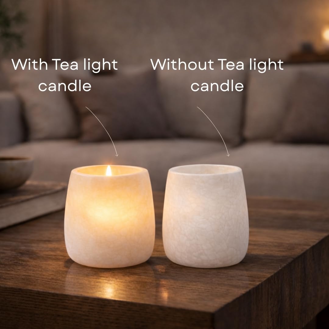 Single White Alabaster Candle Holder - Egyptian Tealight and Votive Candles Holders with Amber Glow for Home Décor - Natural Stone Soothing Tranquil