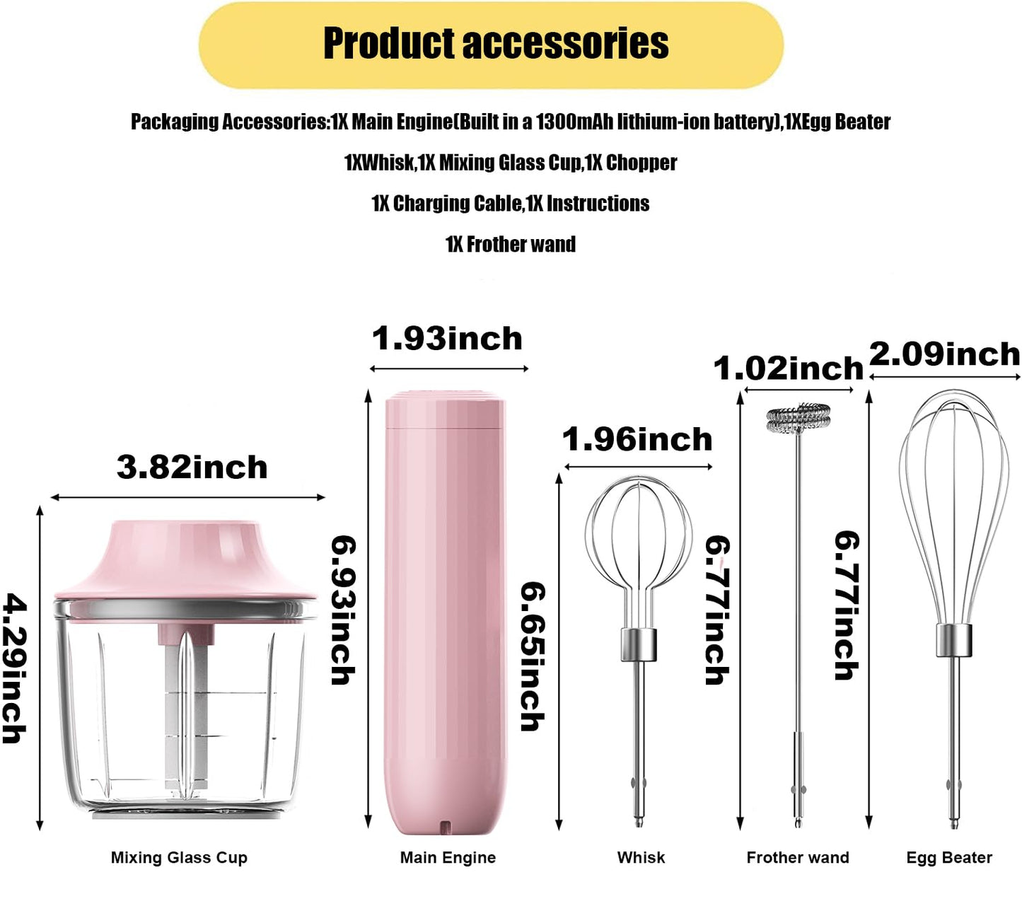 4-in-1 Electric Hand Mixer, Electric Whisk, Mini Onion Chopper 10Oz, Small Cordless Hand Blender, Milk Frother Wand for Coffee, Matcha, 4 Speed Rechargeable Food Processor for Baby Food Maker
