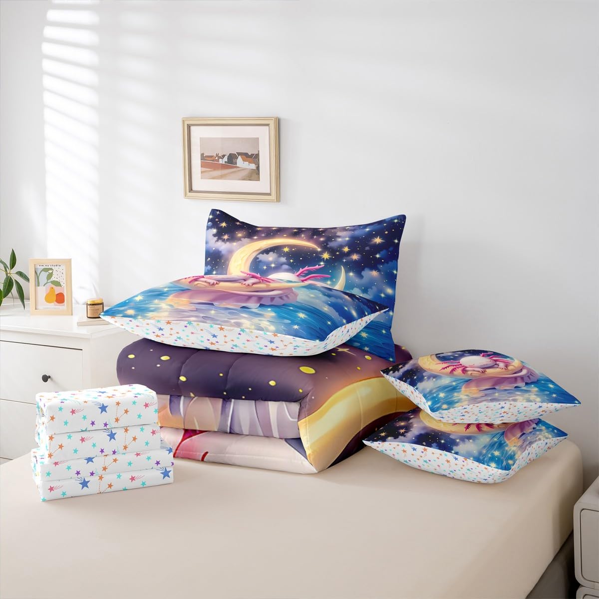 Erosebridal Kids Cute Axolotl Queen Comforter Set Teen Girl Cartoon Ocean Animal Bed in a Bag Preppy Dreamy Fantasy Axolotl 7-Piece Bedding Set Space Stars Galaxy Salamander Quilt Duvet Sets