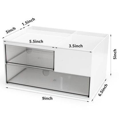 Desk Drawer Organizer, Desk Storage Box with 2 Drawers and 4 Compartments, Multifunctional Desk Accessories & Countertop Organizers for Office School Home (White）