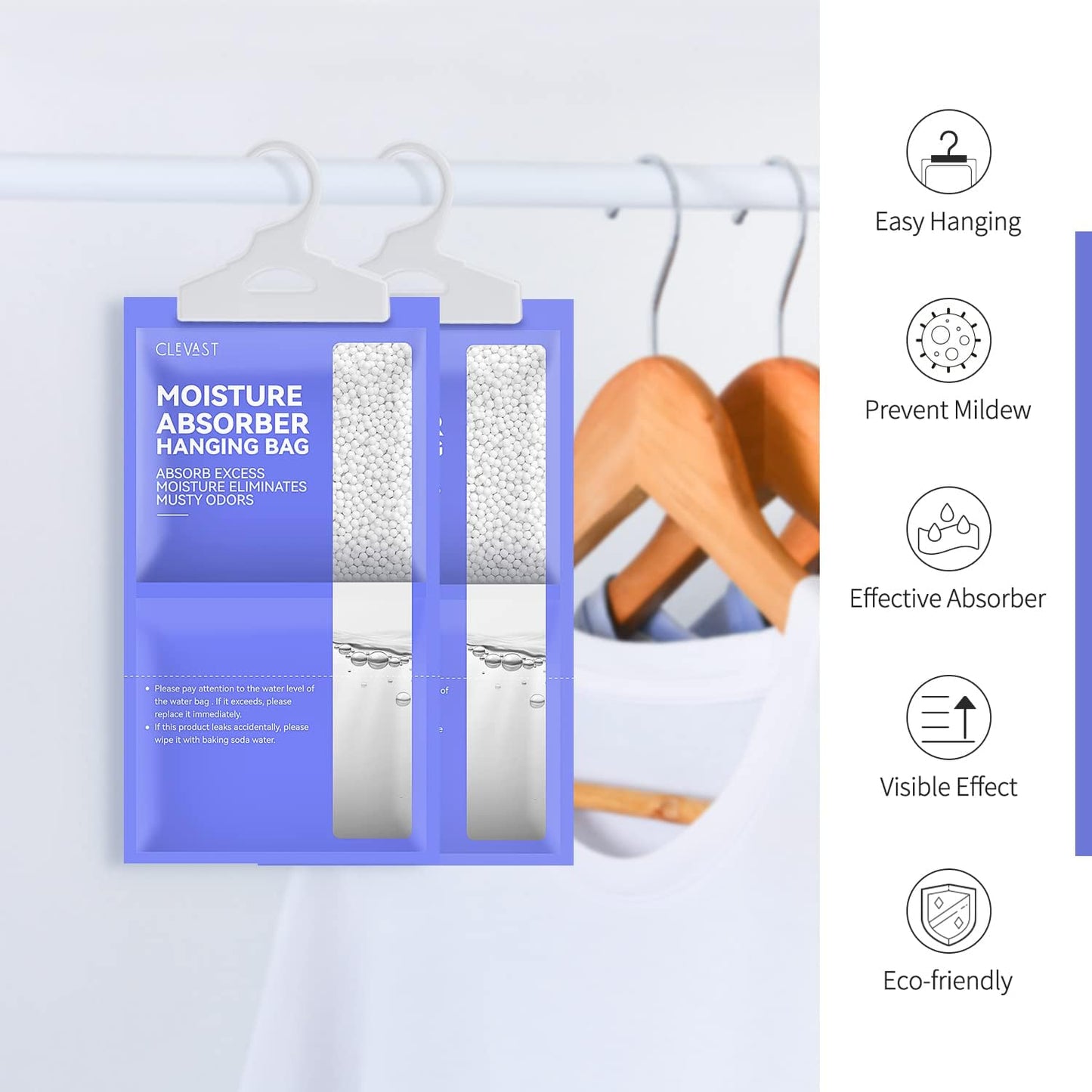 CLEVAST 5 Pack Wardrobe Dehumidifier, Hanging Dehumidifiers for Wardrobes, Moisture Absorber for Wardrobe, Cupboards, Bedrooms, Washrooms, Basement, Office – 230g Each