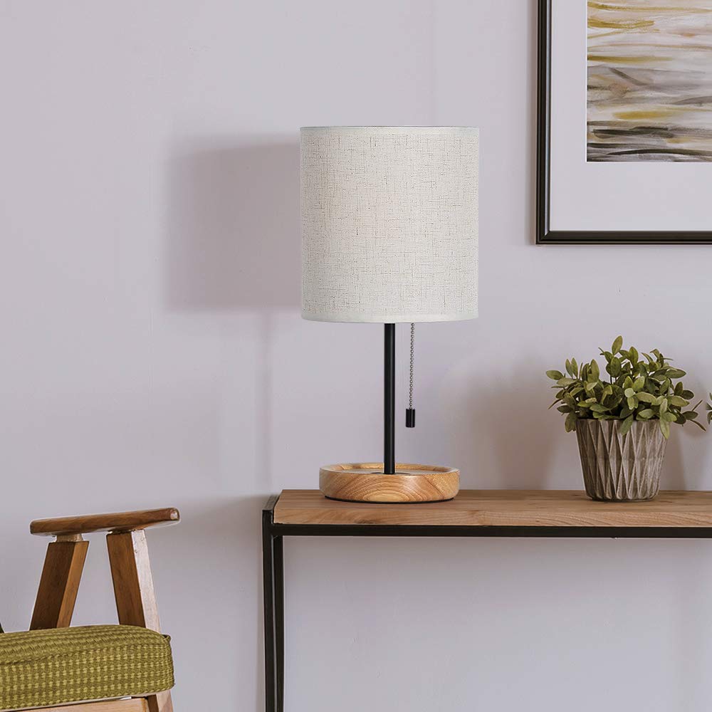 CADUKE Modern Table Lamp, Nightstand Desk Lamp, Bedside Lamp with Wood Base and Linen Shade for Living Room, Bedroom, Office, College Dorm