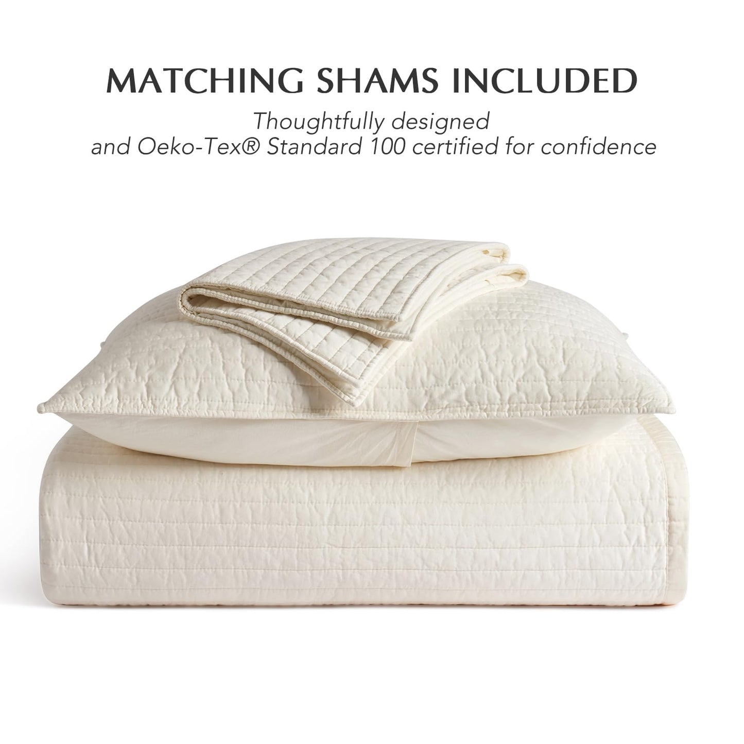 EVERGRACEHOME Cotton Sateen Quilt Set Queen Size, Pre-Washed Cotton Channel Stitch Coverlet Bedspread, 3 Pieces Lightweight Soft Bedding Sets for All Season, with 2 Pillow Shams, Cream