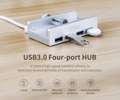 ORICO USB 3.0 Hub, USB Hub Clamp, Aluminum 4-Port USB Splitter with Extra Power Supply Port and 4.92 FT USB Data Cable, Desktop Powered USB Hub for Monitors/Desks-Black (Without Power Adapter)