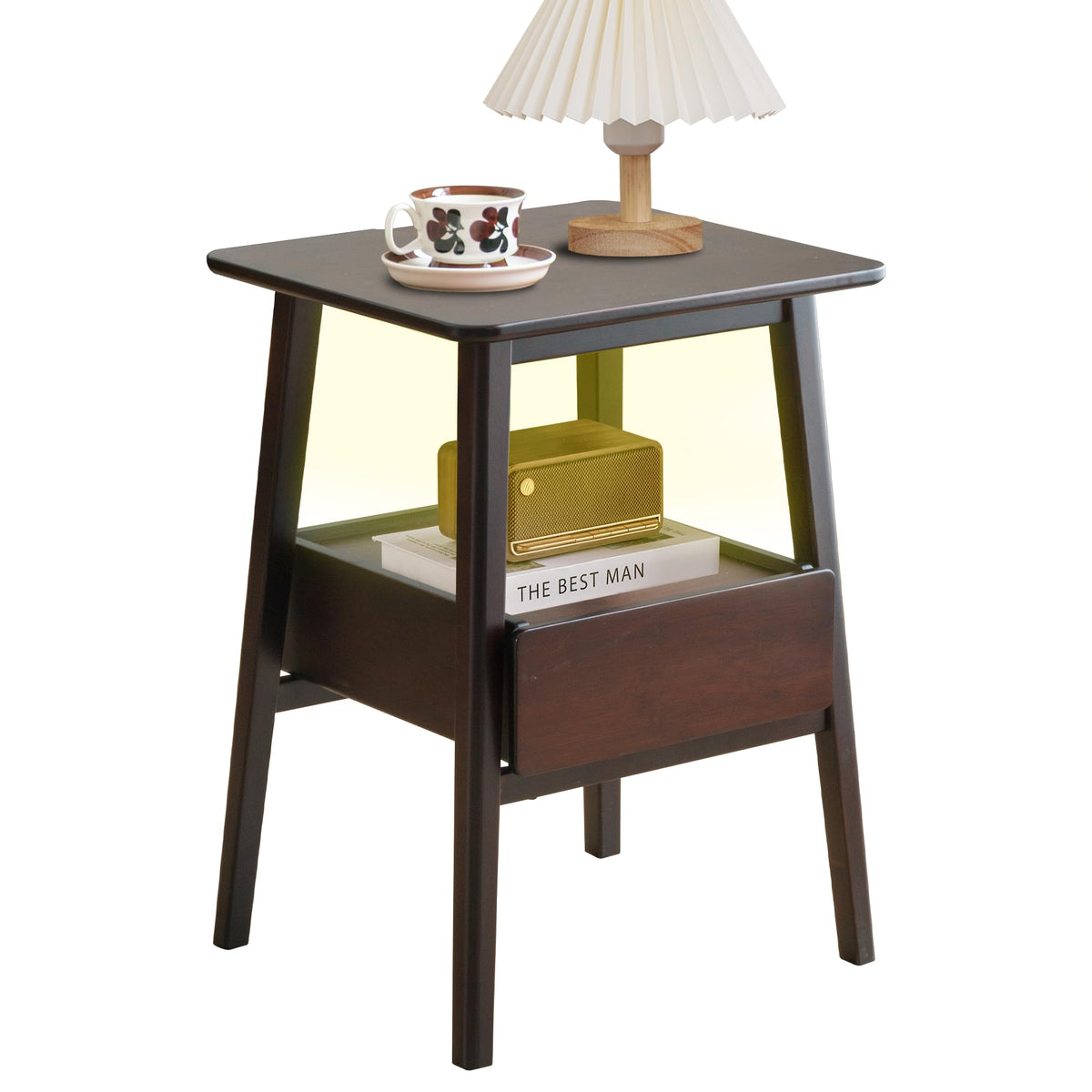 Kuabner Night Stand with Drawer, Mid Century Modern Nightstand, Bedside Tables with Open Storage Shelf,Large Storage End Table, Bamboo Night Stands for Bedrooms