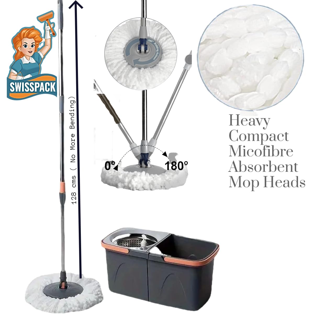 *NEW* SWISSPACK Revolving Spin Mop and Bucket With .5. Extra Pads Perfect For Easy Cleaning. Clean and Dirty Water Separtered For Perfect Finish (ORANGE-GREY) (ORANGE-GREY 1)