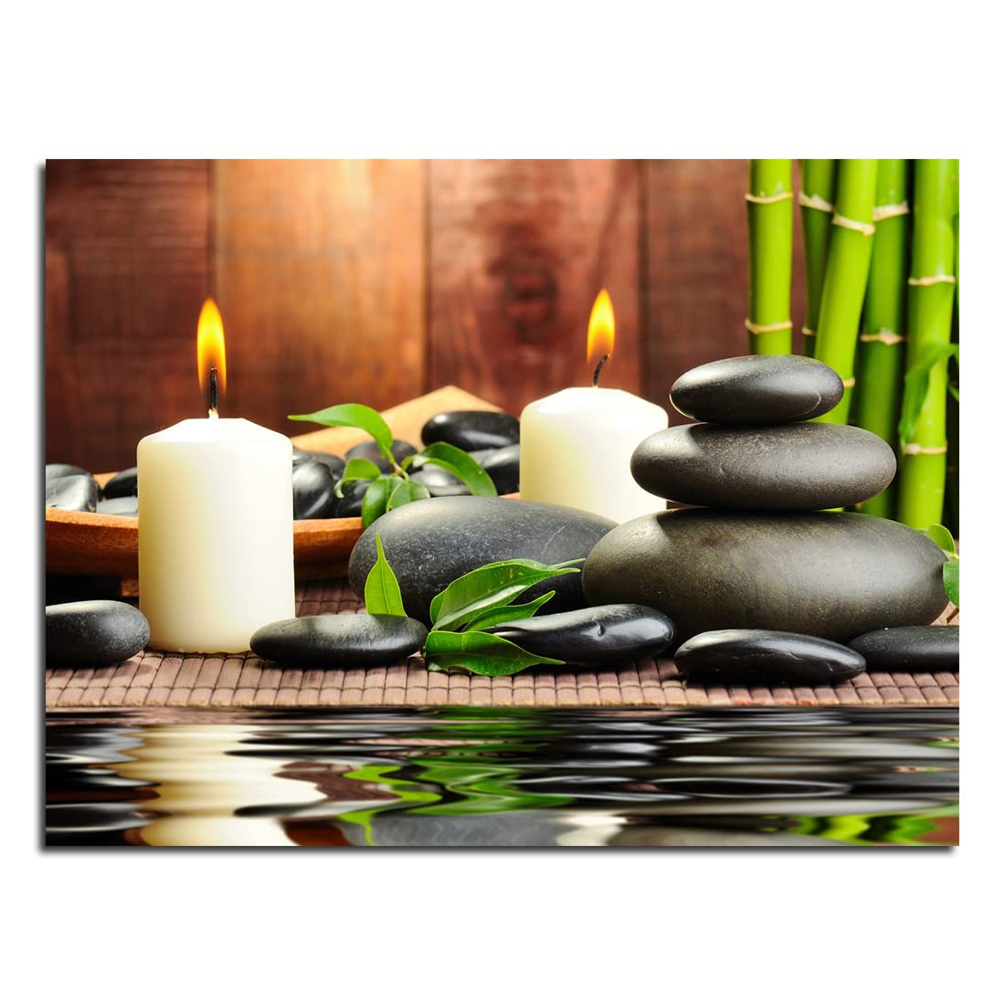 QTESPEII Zen Canvas Wall Art Paintings Decor Black Stone White Candle Green Bamboo Picture Posters for Spa Yoga Room Bathroom, Framed Modern Office Décor Home Walls Decoration, 12"x16"x 1Panel
