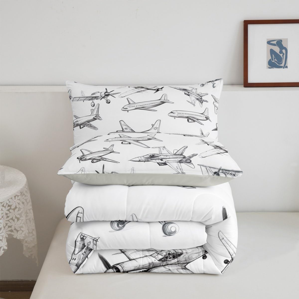 Homewish Airplane Comforter Set Twin Size Aircraft Bedding Set 2Pcs for Kids Girls Boys Teens Bedroom Decor Black White Sketch Print Quilt Set Flying Theme Duvet Insert,1 Pillowcase