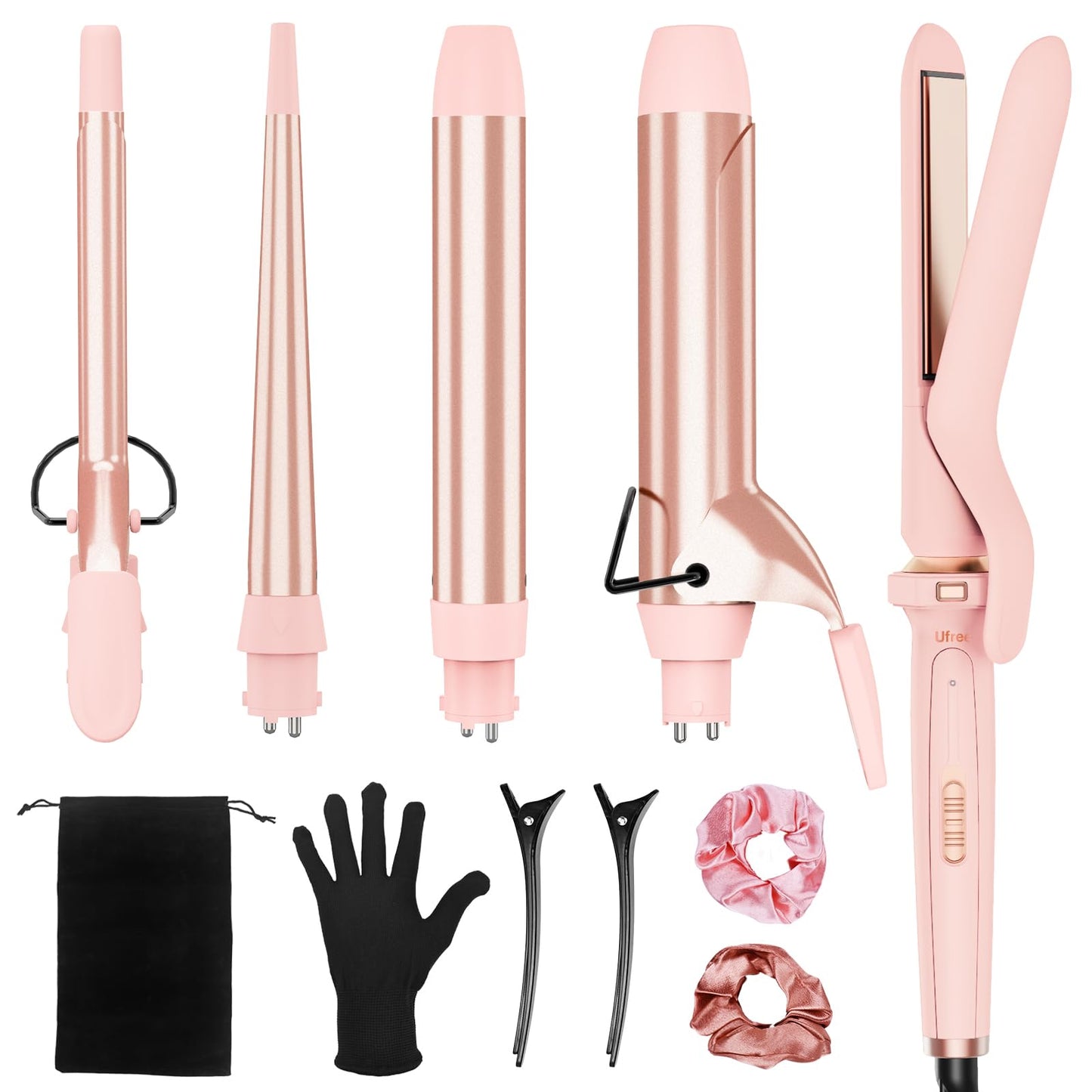 Birthday Gifts for Women, Ufree 5 in 1 Curling Iron with Interchangeable Ceramic Barrels (0.35"-1.25"), Curling Wand Set with Flat Iron Hair Straightener, Instant Heat Up, Dual Voltage Hair Curler
