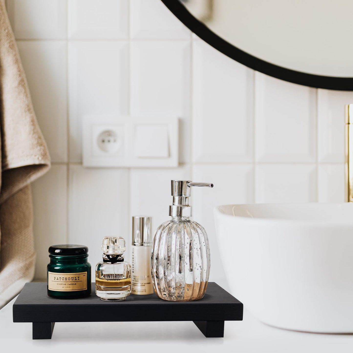 Black Bathroom Vanity Counter Tray Decor Farmhouse Wood Risers Kitchen Soap Sink Tray for Countertop Decorative Hand Soap Dispenser Holder Wooden Pedestal Stand Modern Bathroom Organizer Accessories