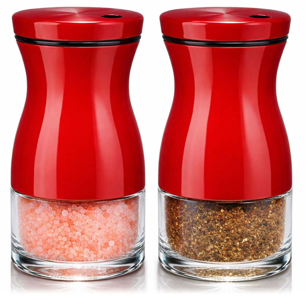 Salt and Pepper Shakers Set with Adjustable Pour Holes by CHEFVANTAGE - Red