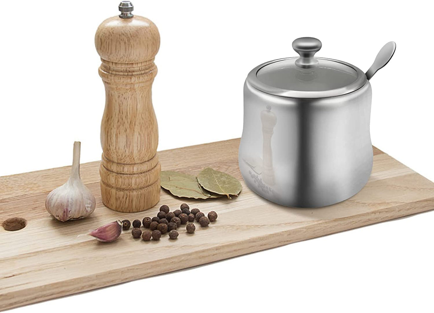 XHKDSYMC 300ml Stainless Steel Sugar Bowl with Lid and Spoon 10 OZ Coffee Seasoning Jar Condiment Pot Spice Container Canister Cruet with Lid and Spoon (Style B)