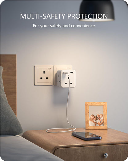 LENCENT Multi Plug Extension with 2 USB, 3 Way 3 Plugs Socket adapter, 5-in-1 Cube Electrical Extender Socket Adaptor, USB Wall Charger, 3 Pin Plug Expander for Home, Office, Kitchen, 13A 3250W