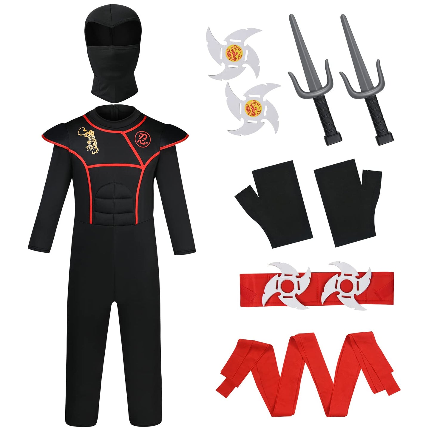 Aomig Kids Halloween Fancy Dress Costume with Ninja Accessories, Warrior Muscle Costume for Boys Girls, Luxury Role Play Outfit for Halloween Cosplay Theme Party (M)