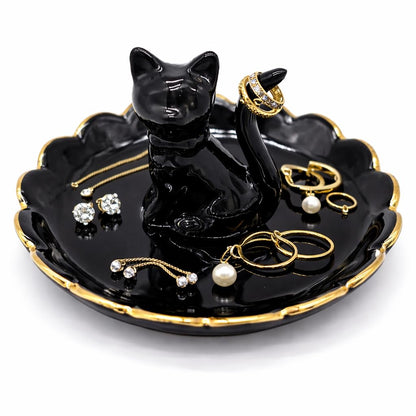ROSA&ROSE Cat Ring Holder Trinket Tray Ceramic Jewelry Dish Porcelain Ring Organizer,Gift for Women,Girlfriend,Wife,Birthday or Anniversary(Black bow)