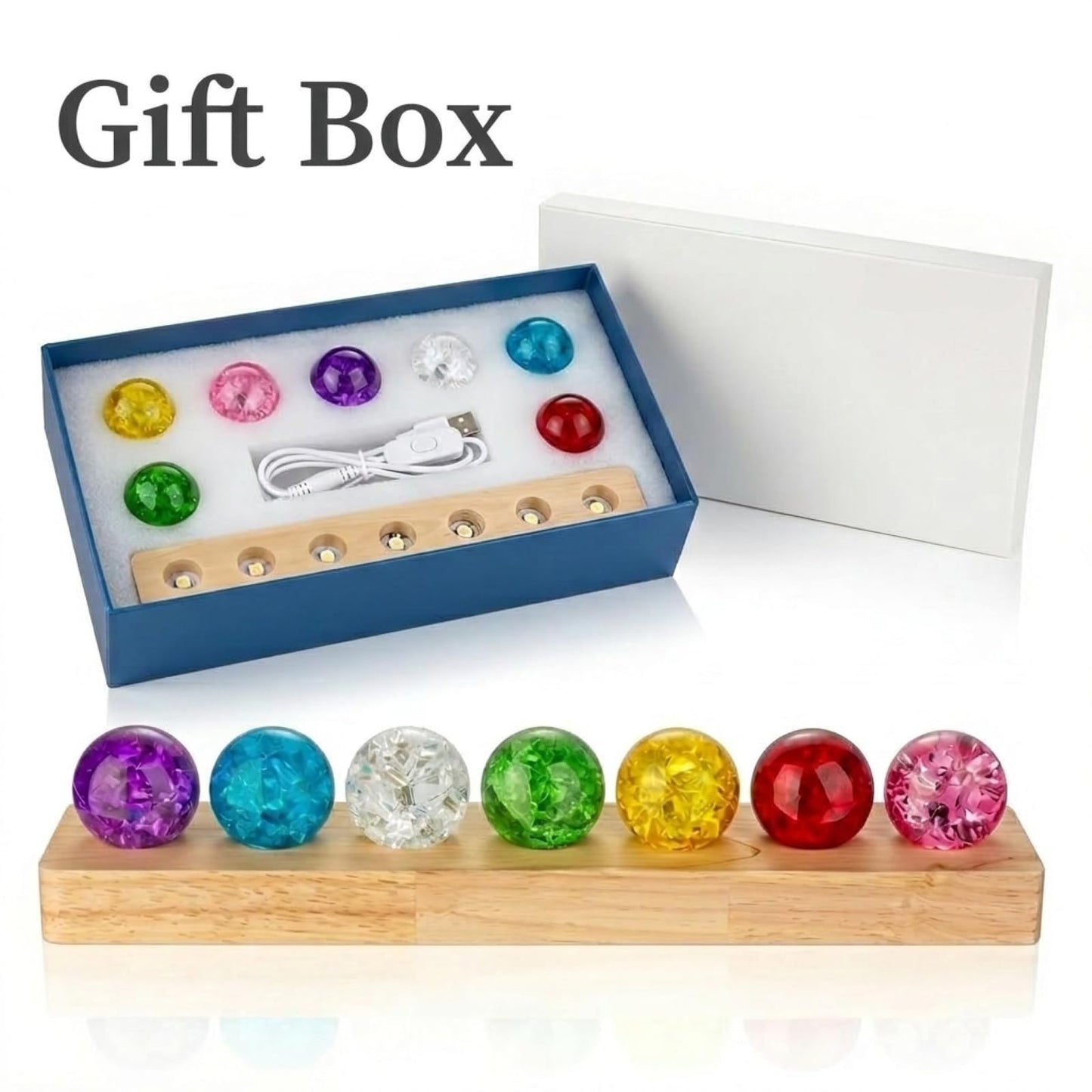 JINWU ClearPeak 7 Colors 40mm Ice Cracked Crystal Balls, Chakra Healing Sphere with LED Wooden Base, Glass Night Light for Home Living Room Meditation, Valentines Day (Set 7-Rainbow)