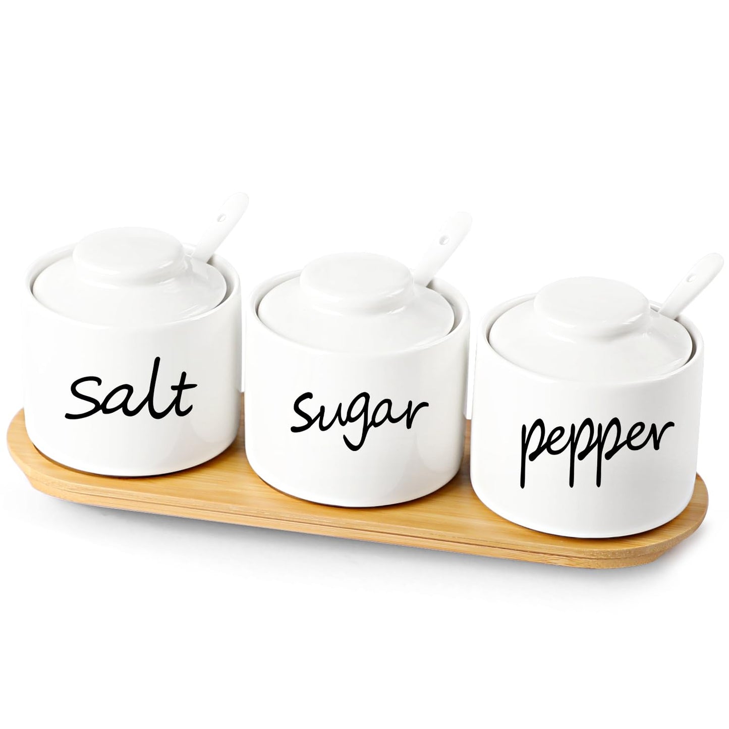 ONTUBE Farmhouse 8oz, Sugar Pepper and Salt Bowls with Lid and Spoon, Ceramics Condiment Pots,Seasoning Jar Spice Container for Kitchen,Dishwasher Safe (White)