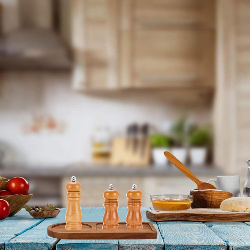 GORGECRAFT Arch Wood Tea Serving Tray Wooden Salt and Pepper Mill Tray Holder Bamboo Condiment Tea Serving Tray Grinder Rest for 2 Mills Accessories Tea Kitchen Storage Home Decor, Coconut Brown