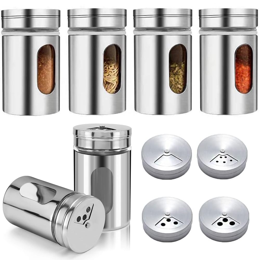 Aiareozy 6 Pack Salt and Pepper Shakers, 80ml Spice Jars with Shaker lids, Salt Shakers Glass with Adjustable Pour Holes, Stainless Steel Seasoning Containers, Spice Bottles Glass for Kitchen