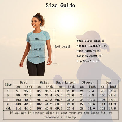 Jlowesun Women's Long Gym Tops Ladies Sports Running T-Shirt, Short Sleeve Summer Quick Dry Fitness Athletic Workout Yoga Loose Plus Size Activewear for Exercise T Shirt