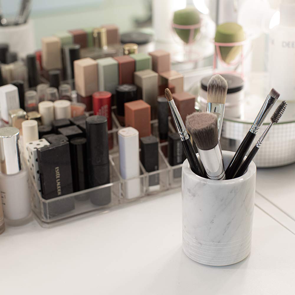 JIMEI Natural Marble SPA Collection Tumbler Toothbrush Holder Makeup Brush Holder Bathroom Countertop Organizer