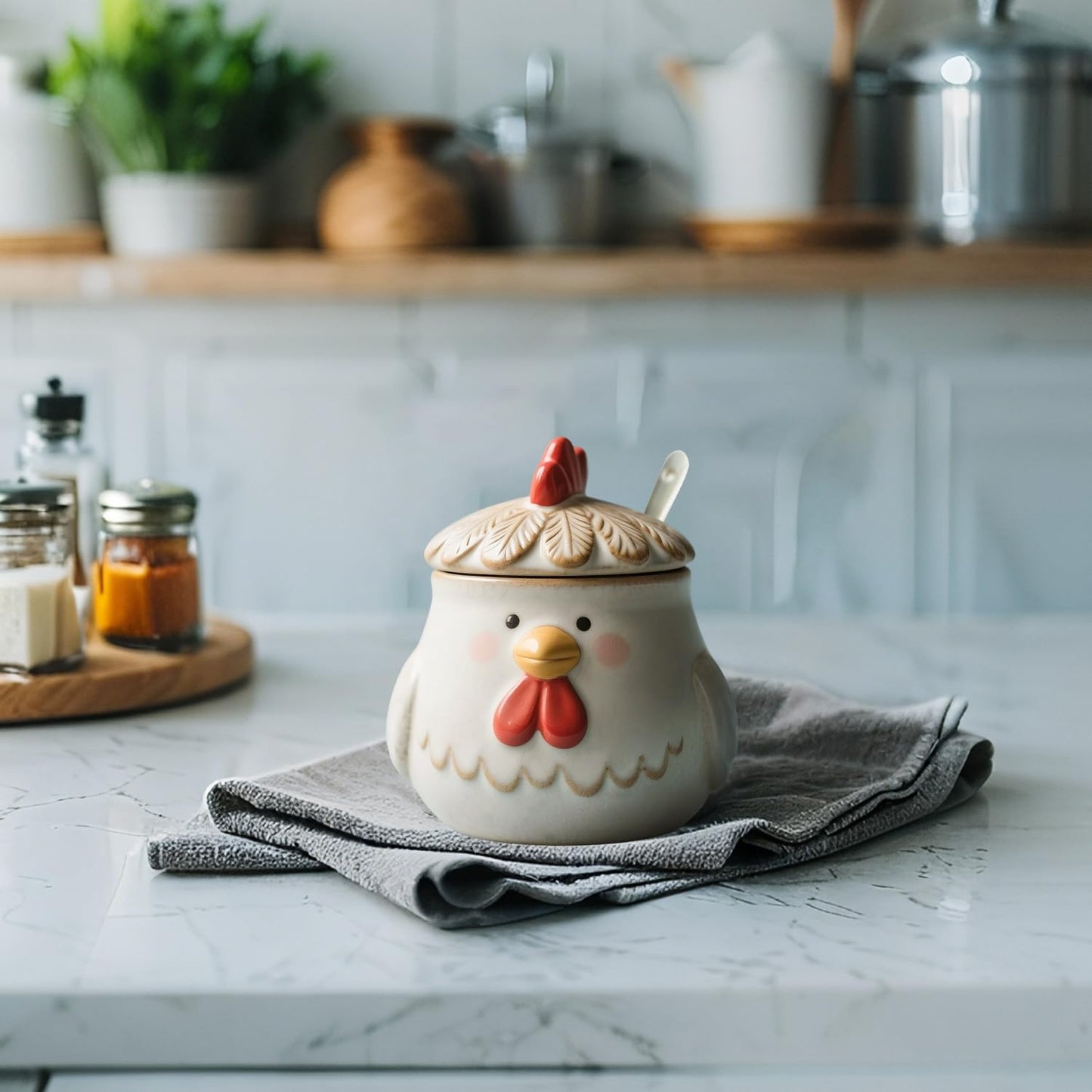 CHOOLD Retro Cartoon Rooster Ceramic Condiment Pot with Lid and Spoon, Salt Bowl Sugar Bowl