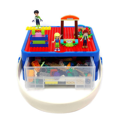 Bins & Things Bin Box Organizer for Small Toys - Travel Toy Set Carry Case with Built-in Lid - Sturdy Storage for Mini Blocks - Portable Toy Storage - Blue and Red
