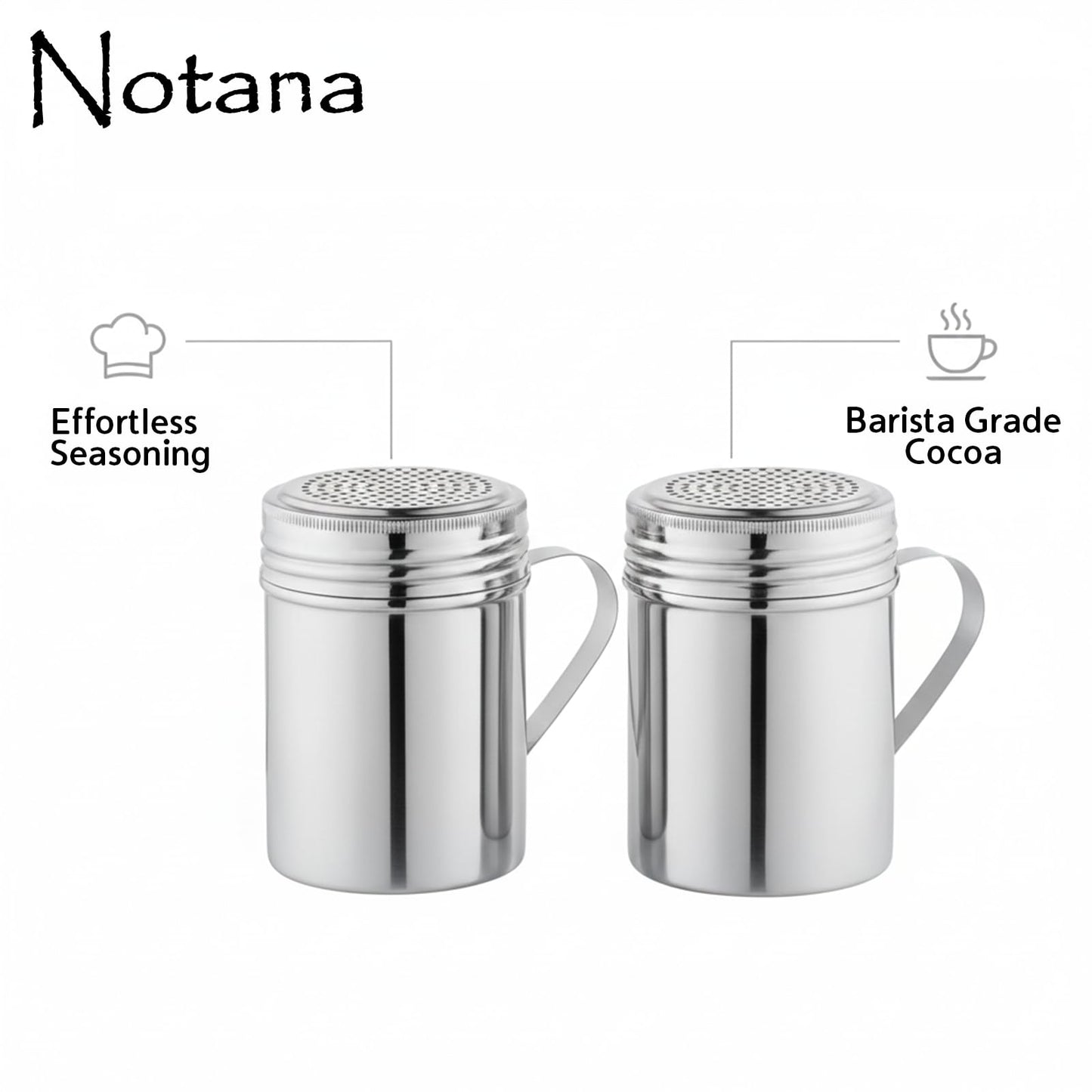 Notana Stainless Steel 10 Ounce Dredge Shakers with Handle for Powder Sugar, Flour Duster for Baking, Seasoning Shaker, Salt and Pepper Shakers, Cinnamon Sugar Dispenser for Kitchen (2-PACK)
