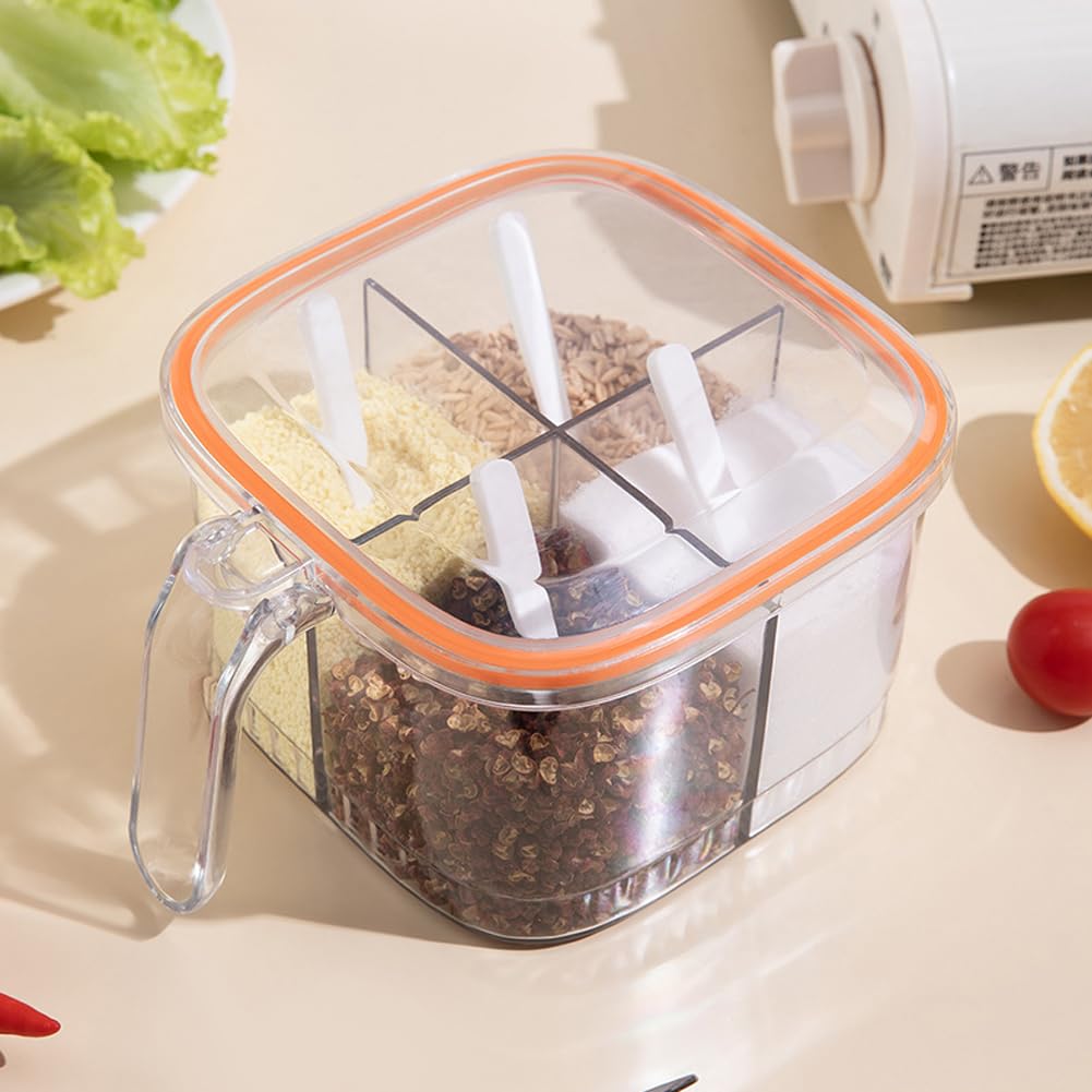 luzen 1PC Clear Plastic 4 Compartments Seasoning Box with Spoon and Lid Home Kitchen Condiment Jar Spice Container Spice Salt Canister Kitchen Gadgets for Kitchen Cooking Supplies, Orange